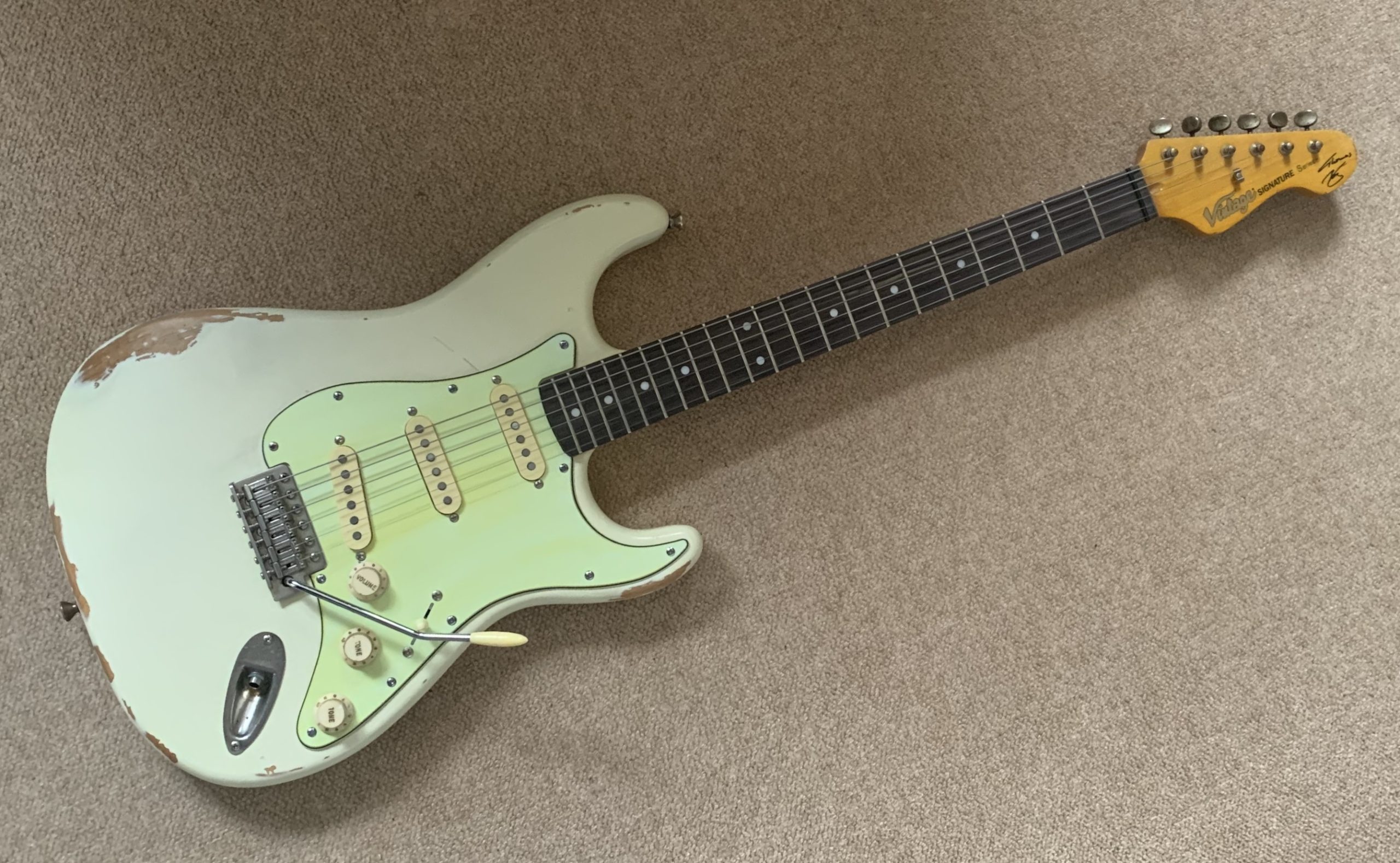 Vintage V6 Thomas Blug Signature Electric Guitar ~ Distressed Vintage White